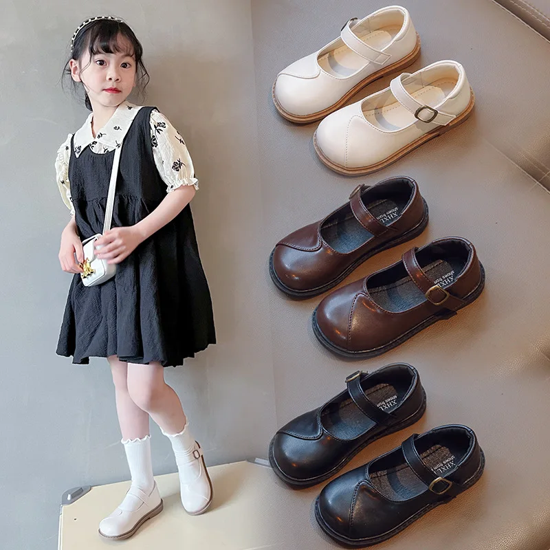 2023 Spring New Girls Black Leisure Leather Shoes Kids Princess Shoes Children School Performance Shoes For Student 2-10T