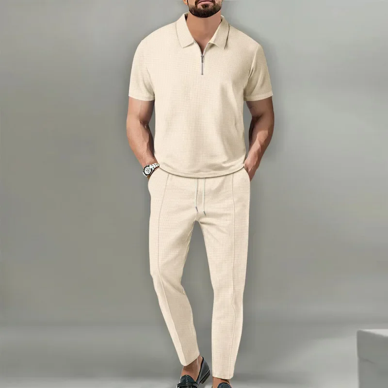 

2-piece Set Of Spring And Autumn Men's Solid Color Set, Waffle Collar Short Sleeved Zipper Pants Set