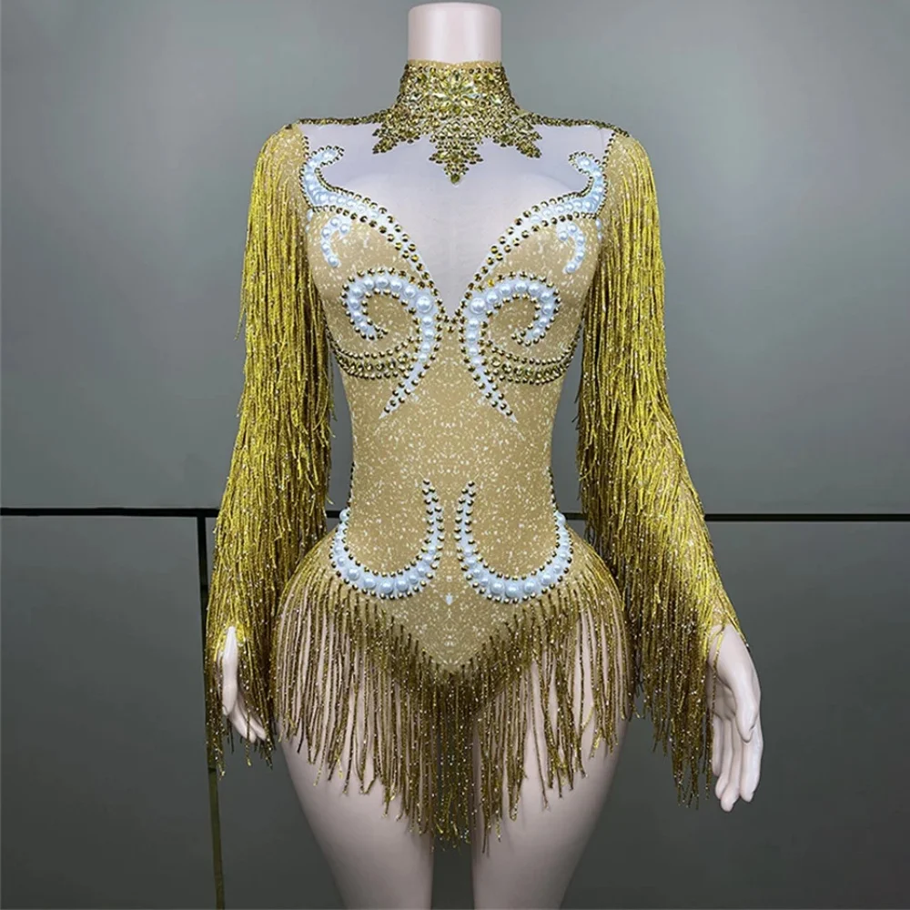 6 Colors Sexy Tassels Long Sleeve Sheath Bodysuit Evening Party Performance Costume Bar Nightclub Singer Dancer Stage Wear