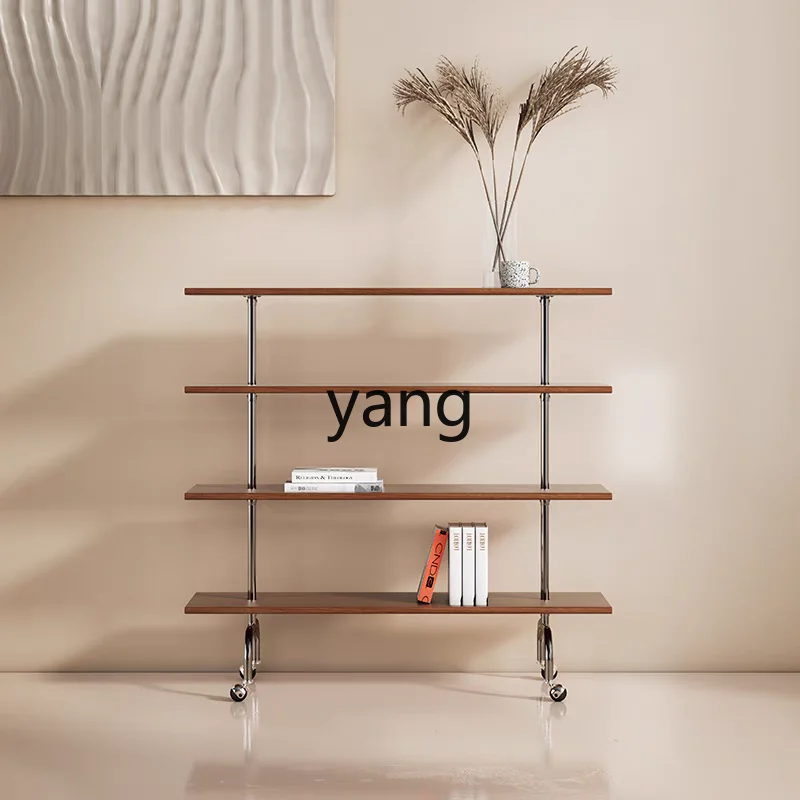 LH1  retro multi-layer shelf floor rack with wheel trolley solid wood stainless steel bookshelf