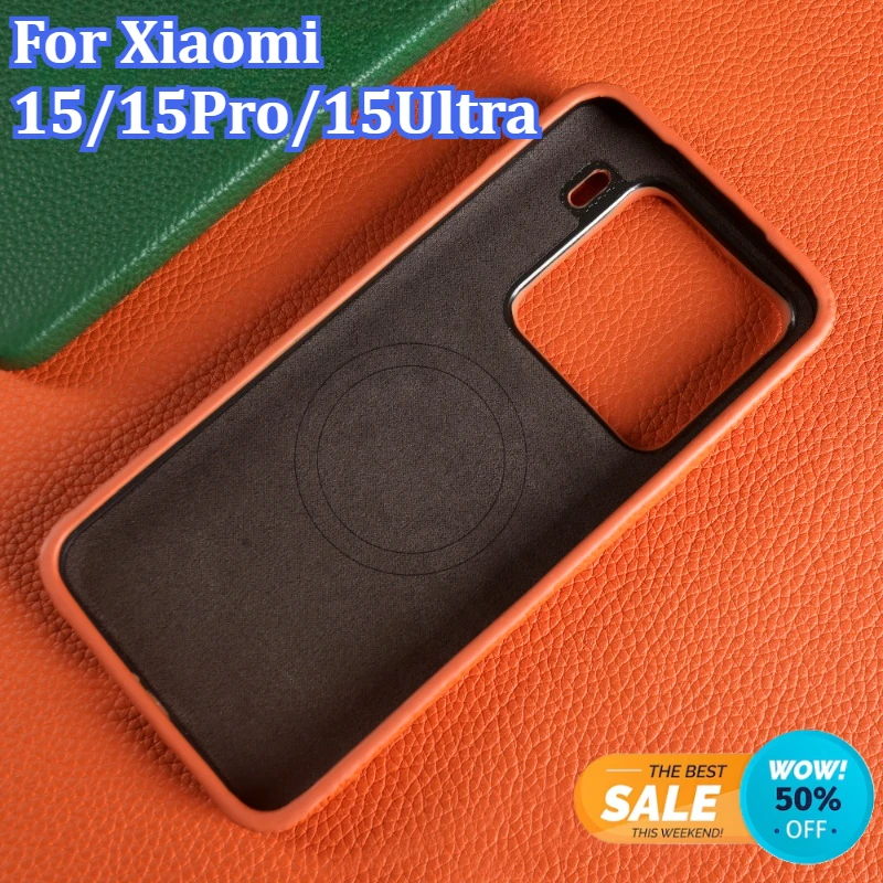 

Magnetic Litchi Grain Genuine Leather Case For Xiaomi 15/15Pro/15Ultra Cover Wireless Charging Back Etui Coque Shockproof Funda