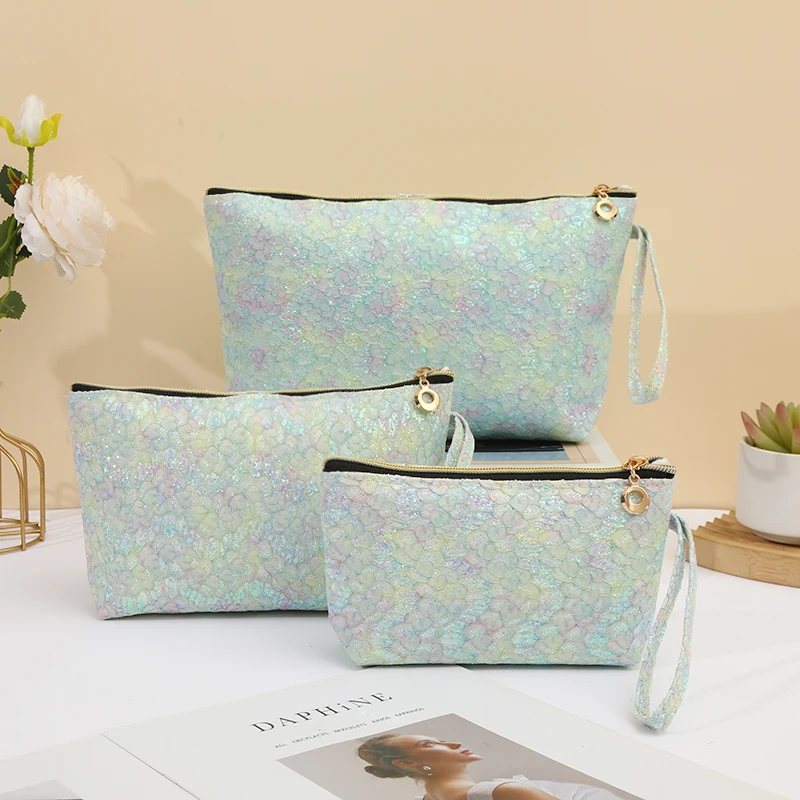 Large Capacity Zipper Lace PU Women's Makeup Bag Fashion Portable Sequin Travel Waterproof Toiletries Storage Bag