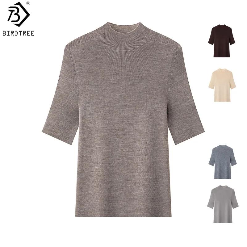

Birdtree 100% Sheep Wool Short Sleeve Sweater,Woman 18-Knits Worsted Spinning Half High Neck Warmth Knitwear,2025 AutumnT58313JF