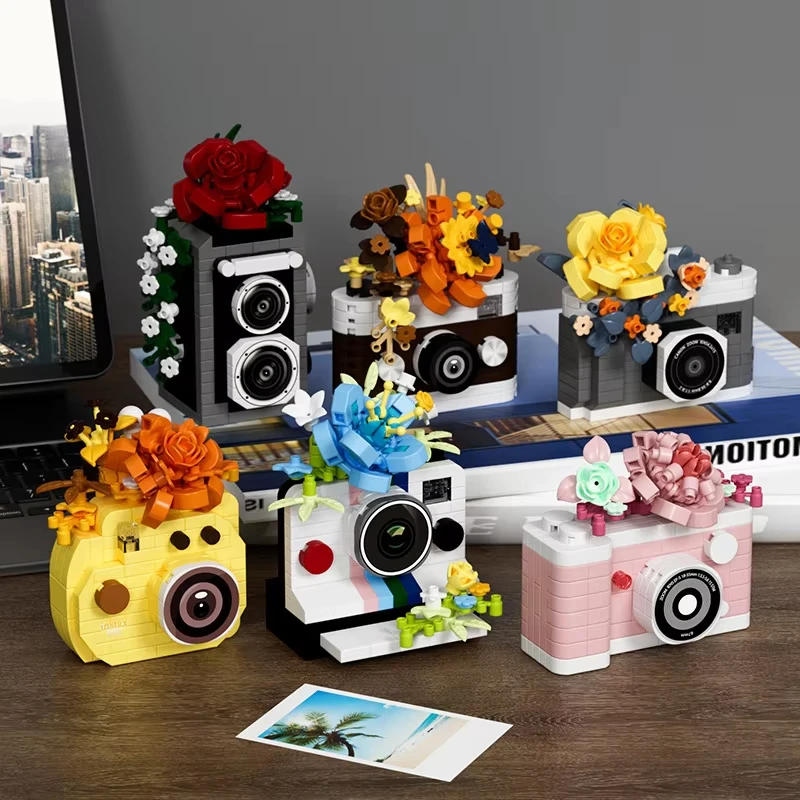 Retro Camera with Flowers in Lens,Creative DIY Model Building Blocks Set,Best Toys Gifts for Girls,Home Office Desk Decoration