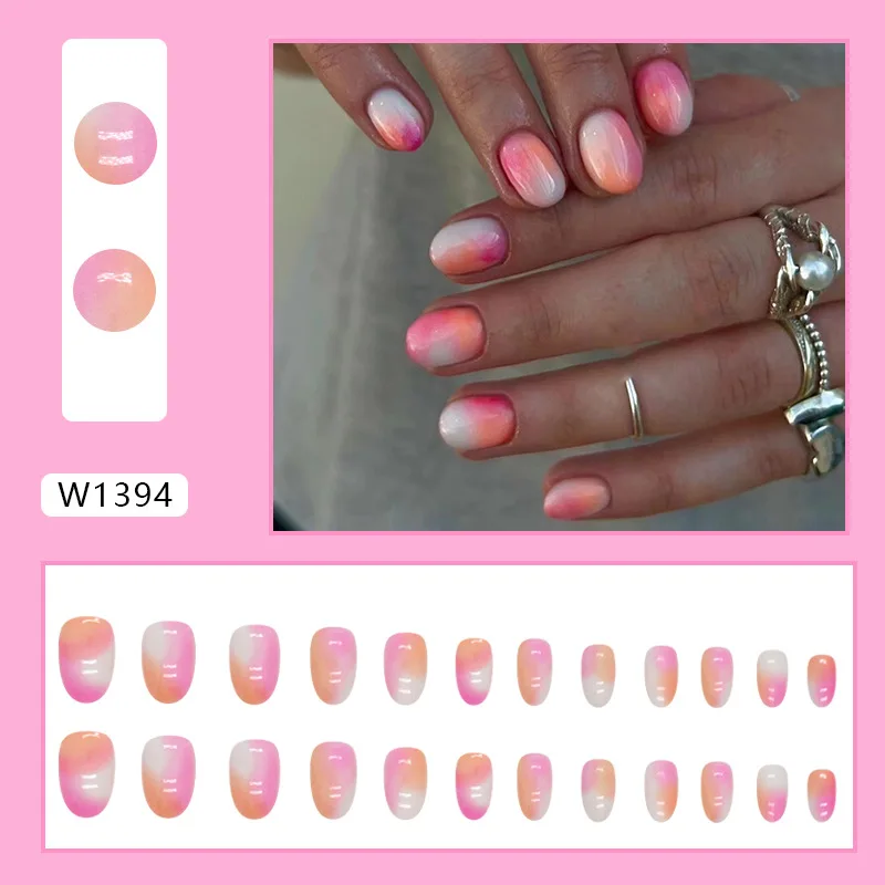 

24Pcs Short Oval Press on Nails - Sunset French Tip with Peach to Pink Ombre Design | Chic Gradient Style for Women & Girls