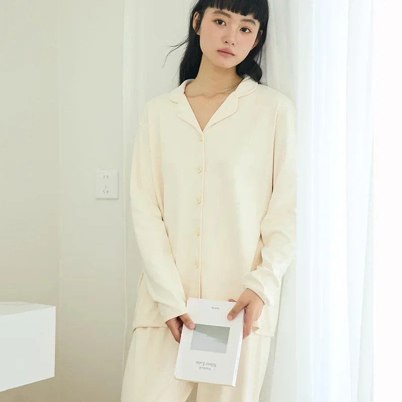 Women's Homewear Autumn Winter Solid Color Set Loose Button Turn-down Collar Sleeve Top Casual Long Pants Soft Outerwear Pajamas view 3