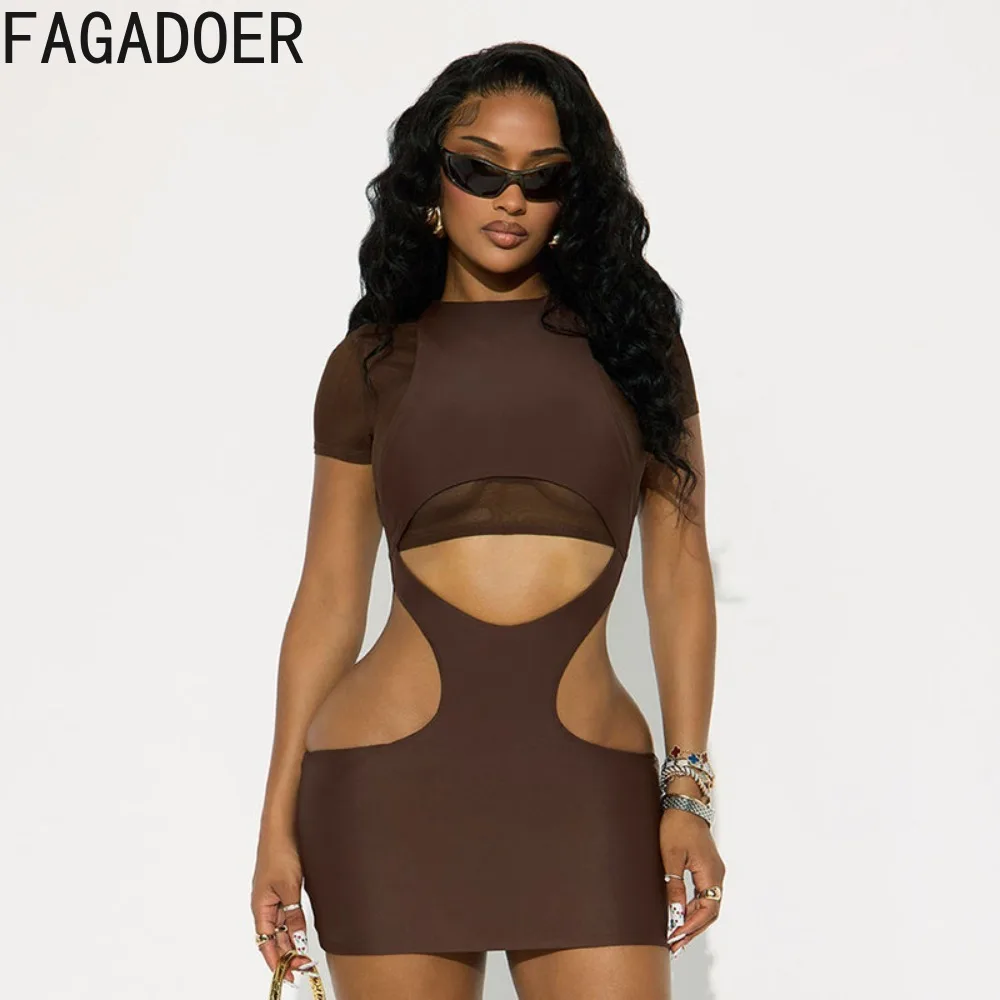 FAGADOER Sexy Mesh Hohl Patchwork 2-teiliges Set für Frau Outfits Einfarbig Kurzarm Crop Top und Rock Weibliche Streetwear