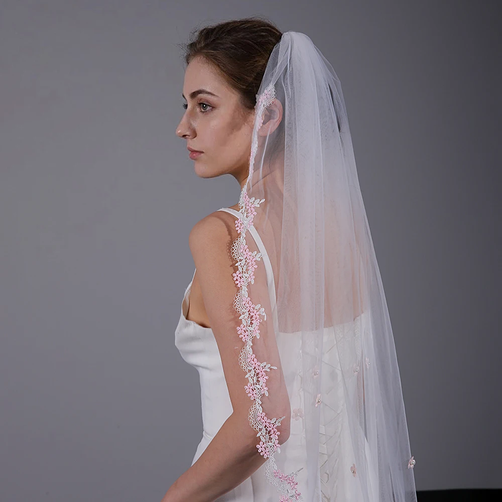 

ETERLY Pink lace bride veil short flower fashion elegant bride accessory veil with hair comb bride wedding accessory VP263