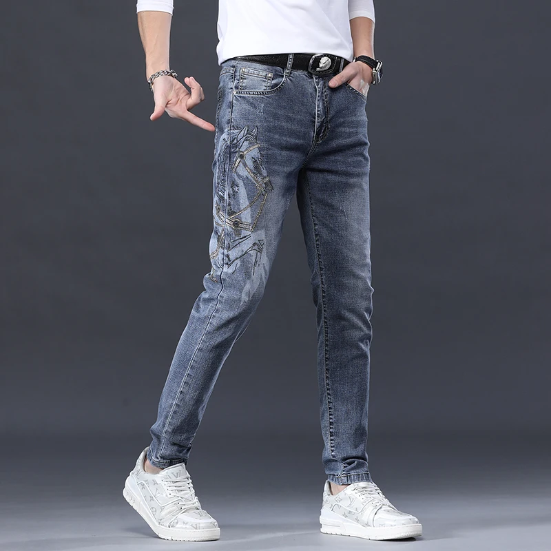 

Light luxury high-end bronzing printed jeans men's elastic straight 2024 new trendy men's clothing slim fit tapered casual pants