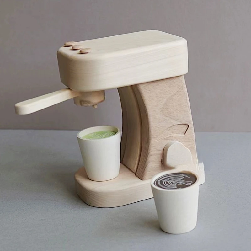 Solid Wood Coffee Machine Afternoon Tea Set Kitchen Play House Toy Cake Ice Cream Paint-Free Biteable Children's Gift