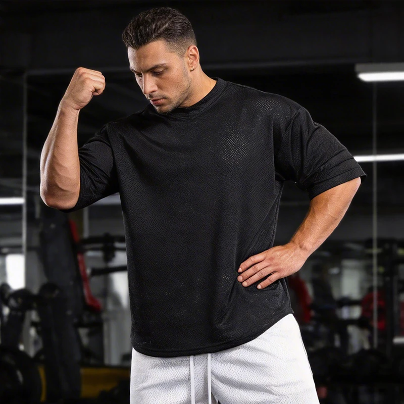 Übergroße T-Shirts mit Tiefen Schultern und Halbarm für Herren, Sommer Mesh Schnelltrocknende Sportbekleidung, Fitness Workout T-Shirts