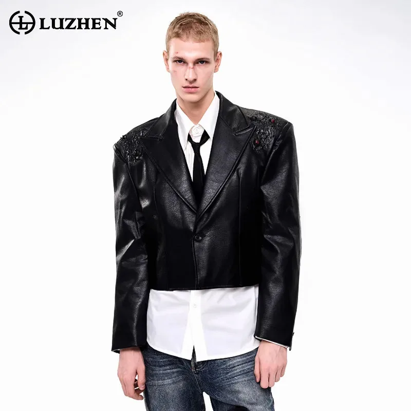 

LUZHEN модный высококачественный пиджак с воротником на плечах, кожаная куртка, мужская новинка 2025 года, однотонная элегантная красивая одежда JY4624
