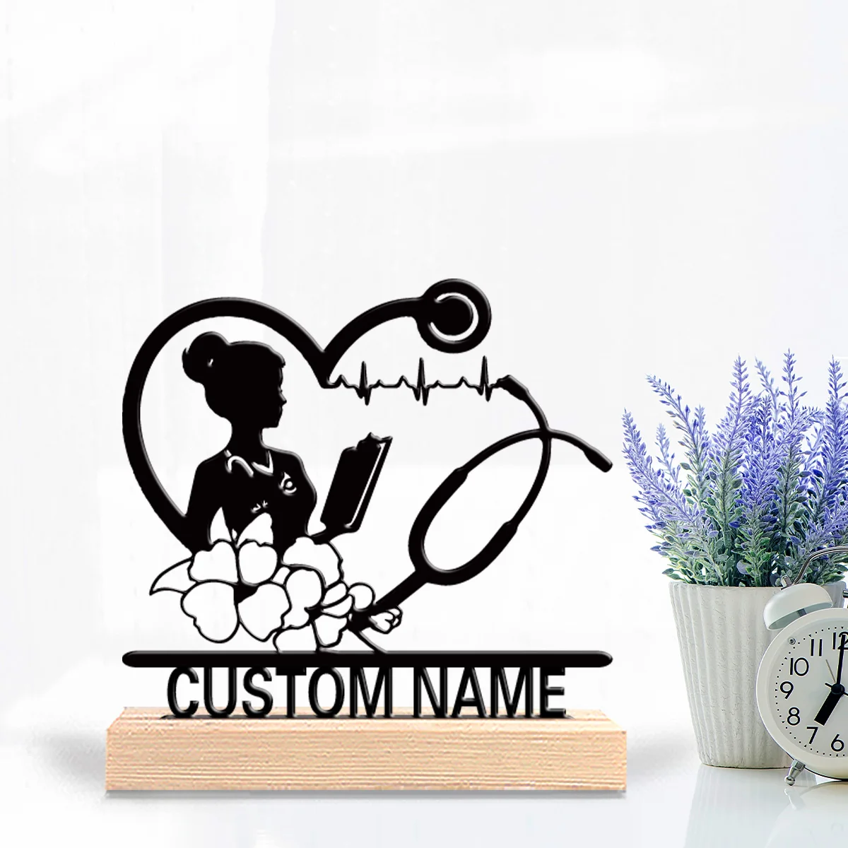 1pc Minimalist flower Stethoscope Custom Text Metal Statue Iron Ornament Handicraft With Wood Base With Wood Base Home Table