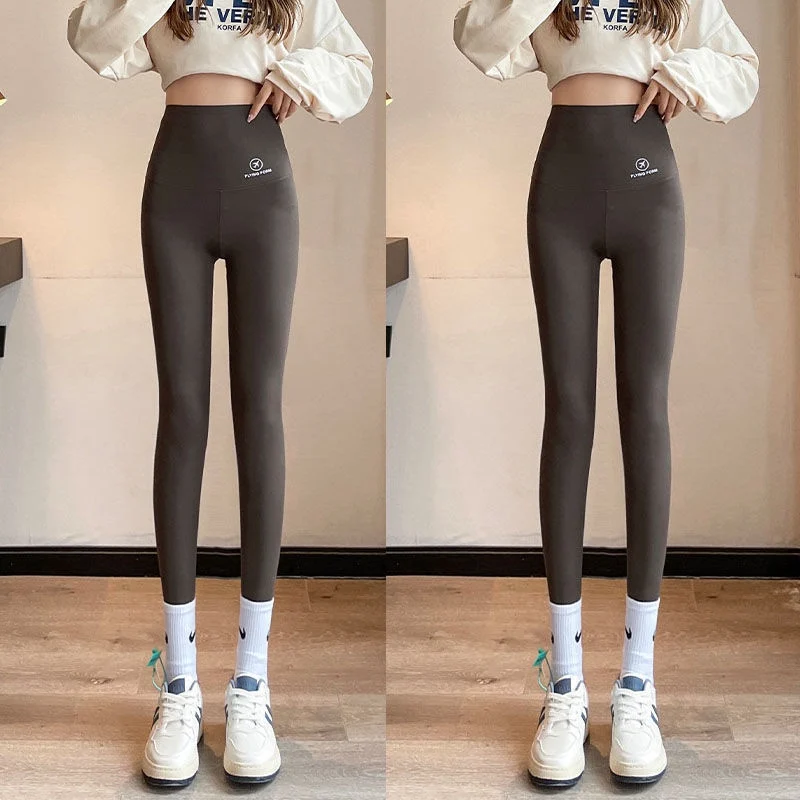 Calças de Yoga de Cintura Alta em Couro Sintético para Mulheres, Finas e Justas, Controle de Barriga, Comprimento Sete-Nove, Nylon