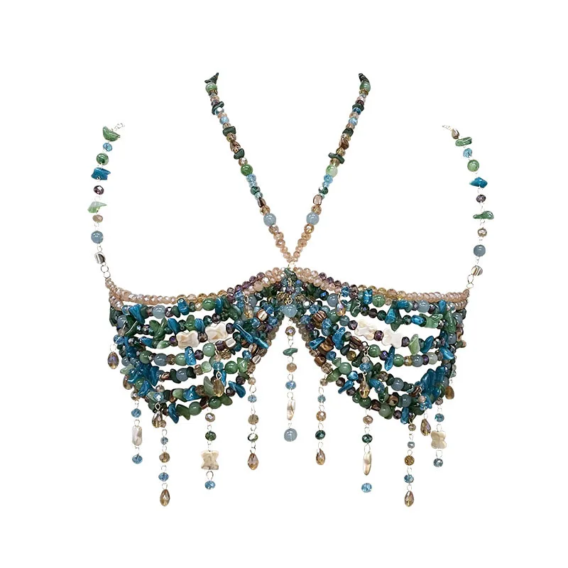 

Ручная работа, цепочки для тела, ювелирные изделия, зеленый драгоценный камень, бисер, бюстгальтер без косточек, женский бюстгальтер с кристаллами, топ, пляжная накидка