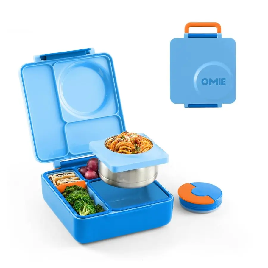 

Bento Box for Kids Insulated Bento Lunch Box with Leak Proof Vacuum Insulated Food Jar 3 Compartments, Two Temperature Zones Blu