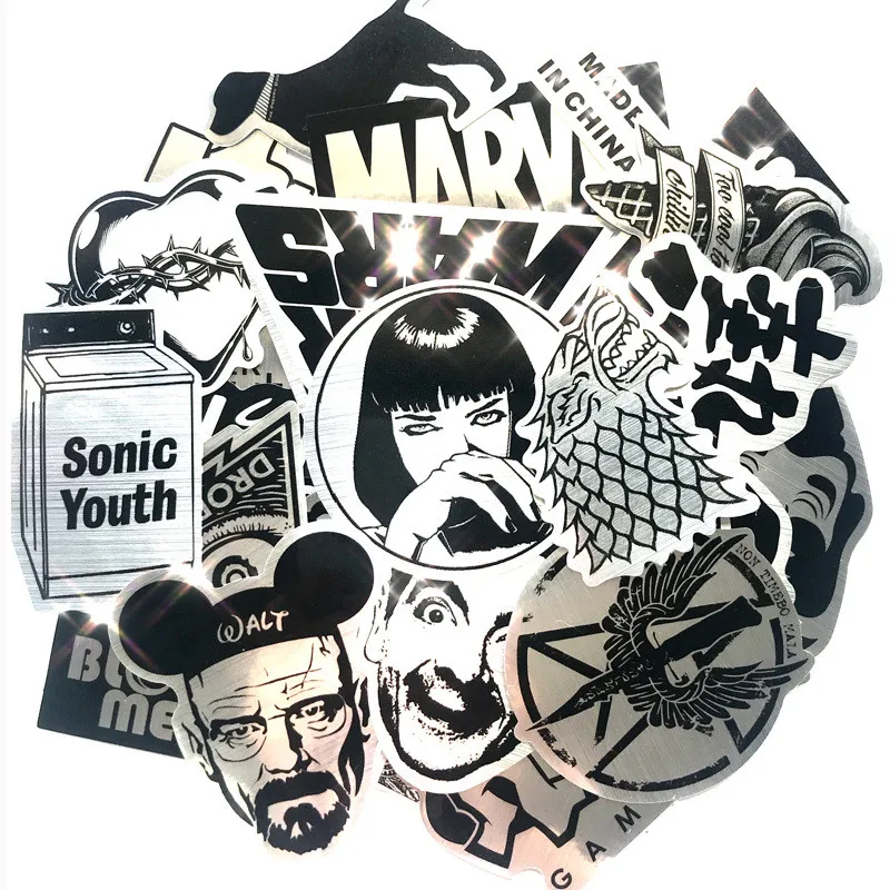 100/50 قطعة من ملصقات الملمس المعدني المصقول - تصاميم شعار العلامة التجارية ملابس الشارع، شارات جرافيتي منفعلة للقيثارات (متجر عوالم الرسوم المتحركة)
