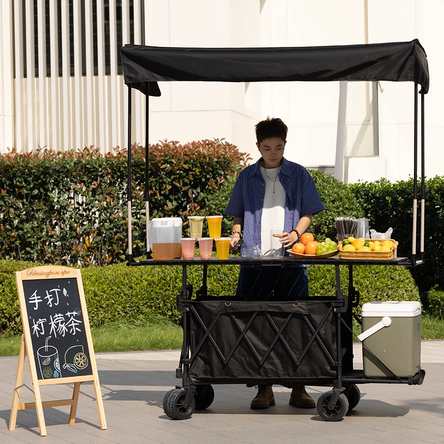 

Hot Selling Foldable Snack Cart Stall Adjustable Folding Picnic Camping Wagon Food Cart Table Board with Sunshade