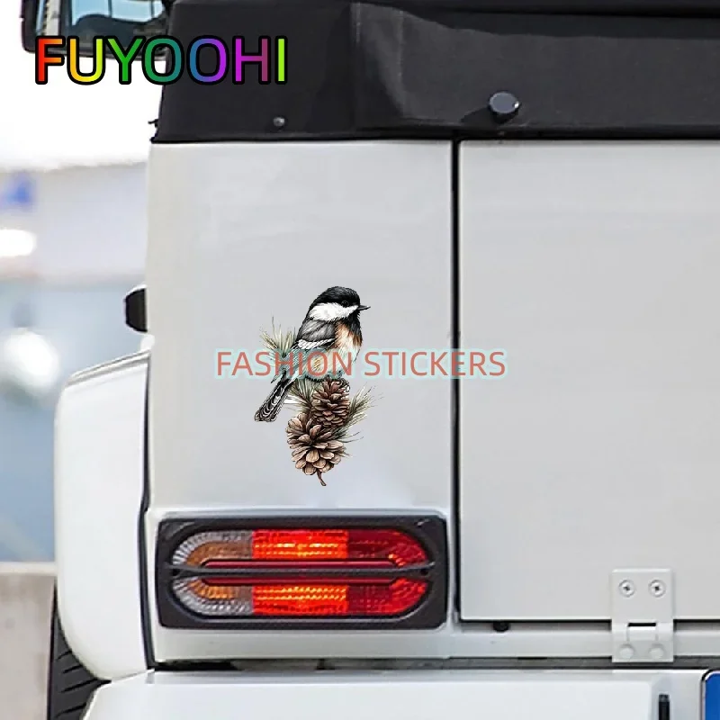 FUYOOHI Maine Black Capped Chickadee Bird White Pine Cone And Tassel Flower Vinyl Decal Sticker For Car, Laptop, Tumbler, More