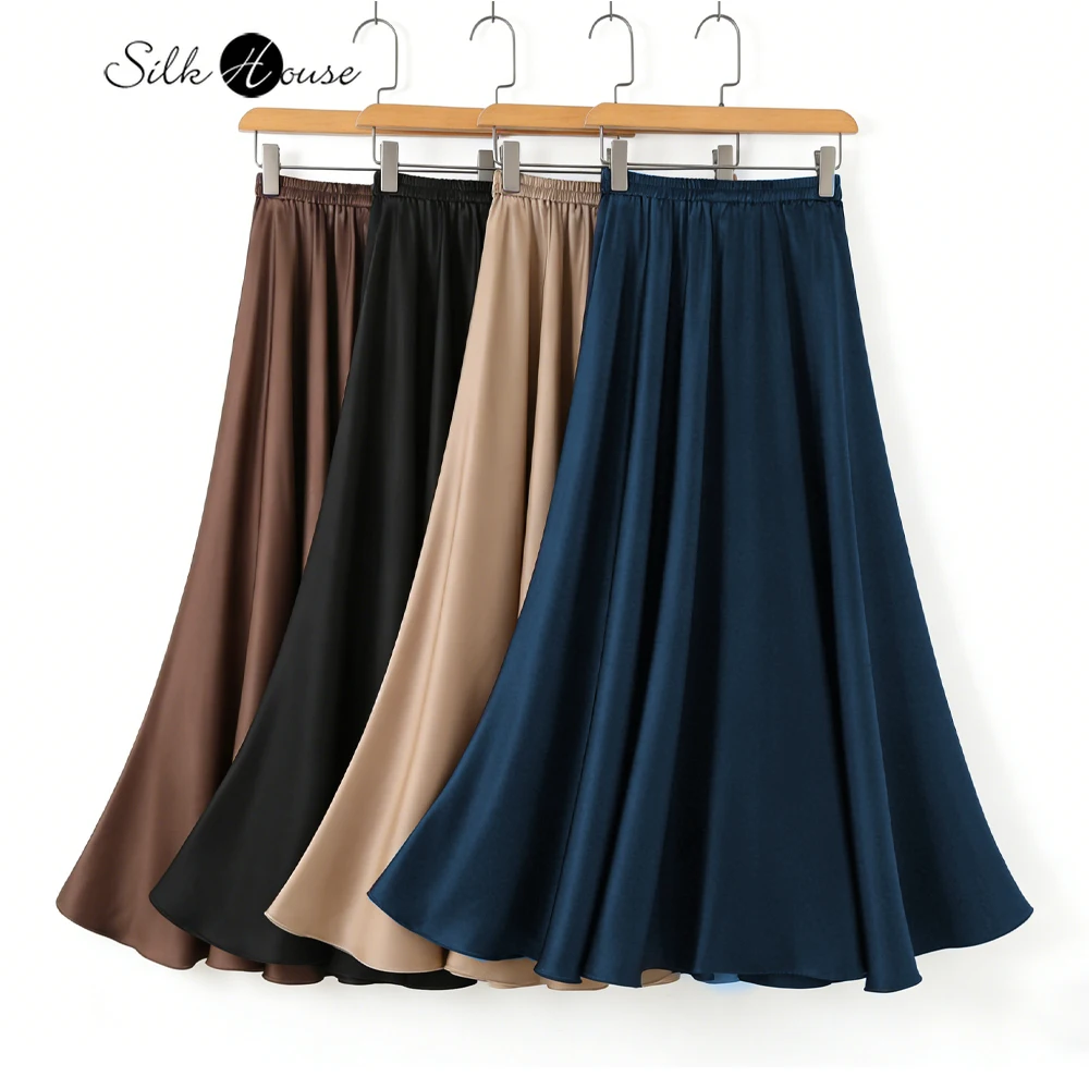 

Женская повседневная летняя одежда 2026: Юбка-клеш из 100% натурального шелка тутового шелкопряда, однотонная, с эластичной высокой талией
