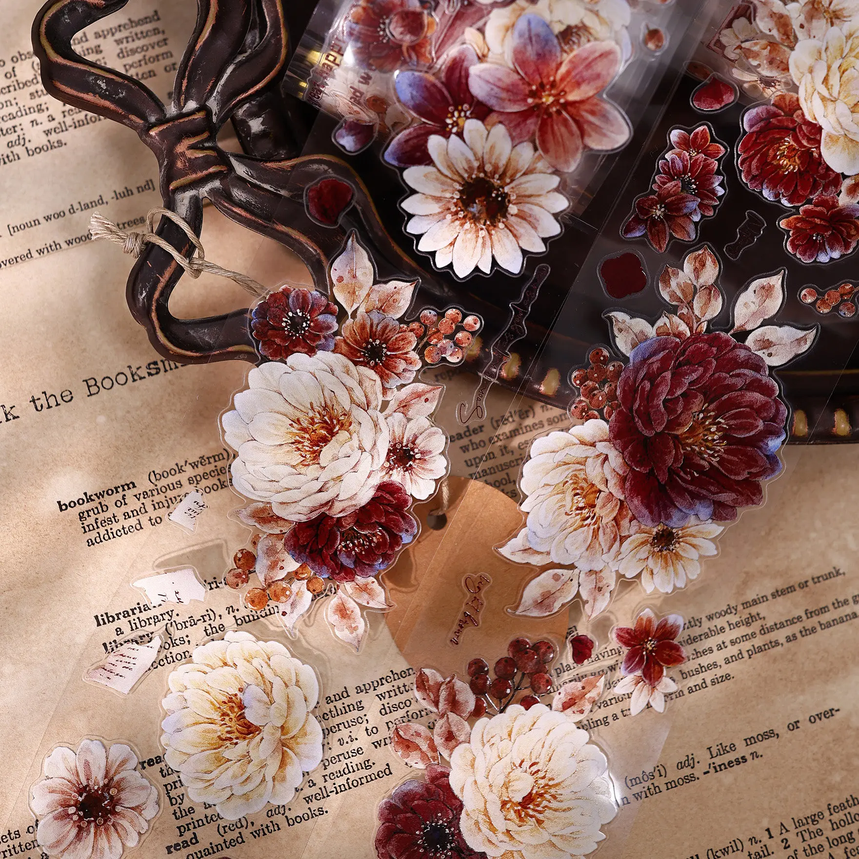 Vintage Peony Floral Washi PET Shell Shiny Die-Cut Collage Tape for Journal Scrapbooking DIY Craft Decor