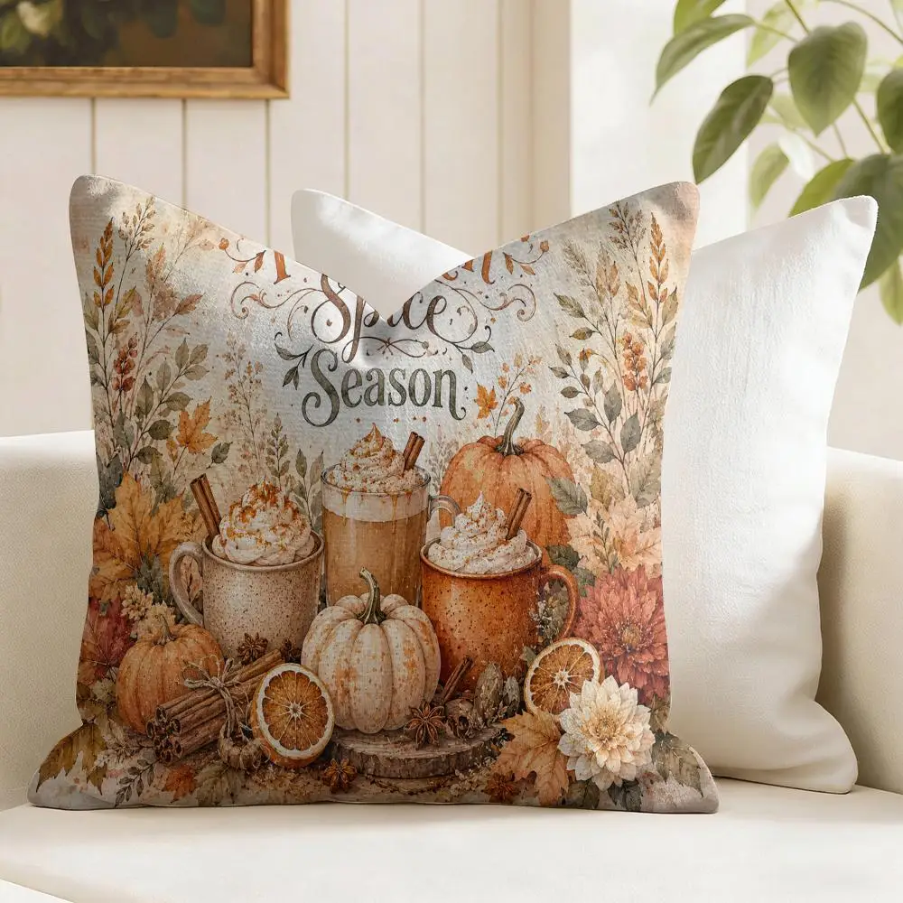 Pumpkin Spice Cozy Season Cushion Cover Natural Linen Organic Fabric Double-Sided Printing Breathable Perfect Gift For Decor