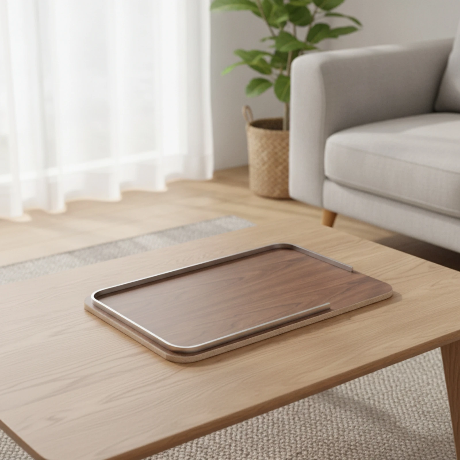 Wood Tray with Metal Edge Decorative Rectangular Tray with Rounded Corners Minimalist Slimline for Coffee Table