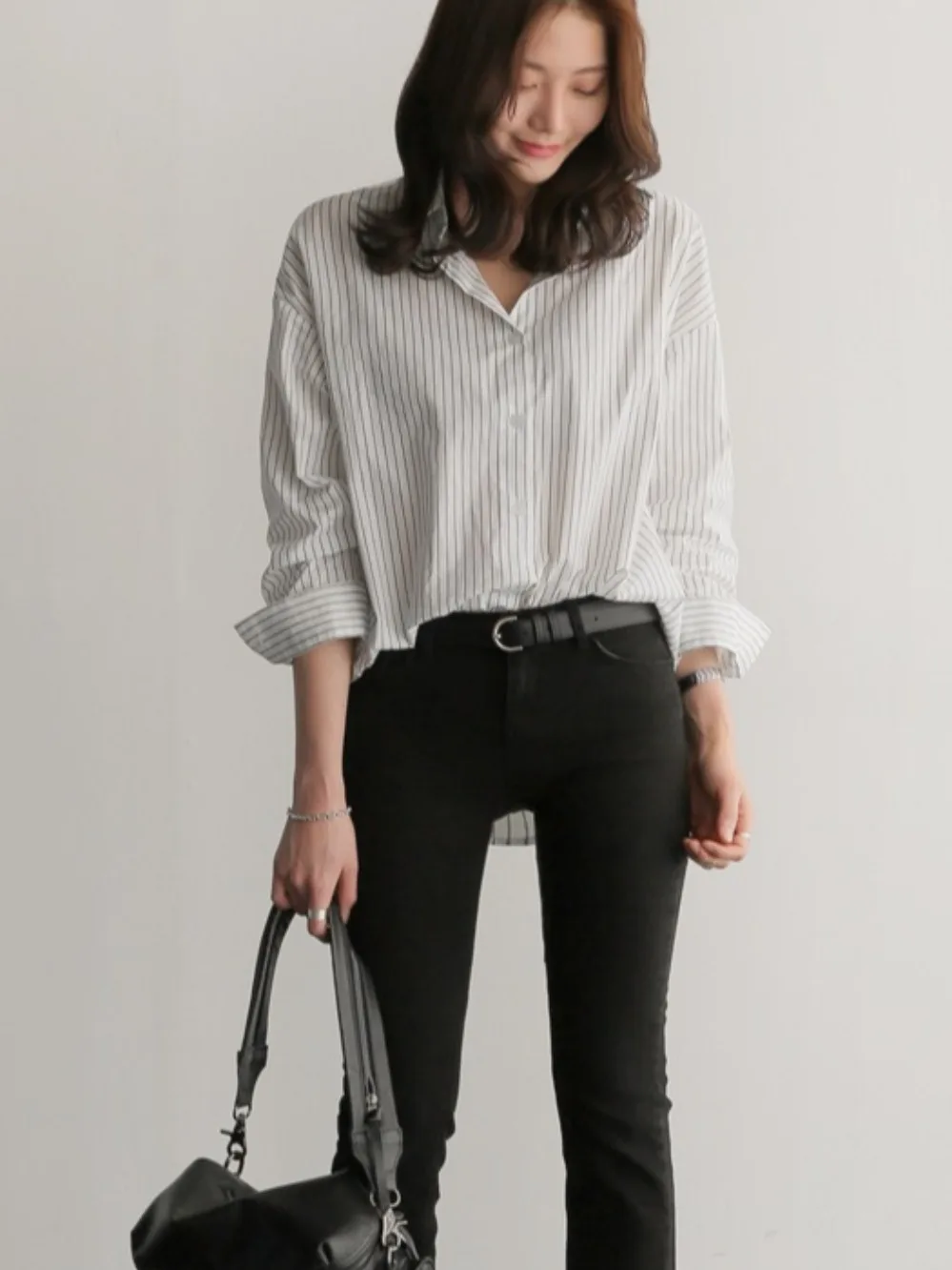 Coréen Sle ample longue Sve rayé irt femmes monocouche vêtements intérieurs automne printemps Faionable blanc irt