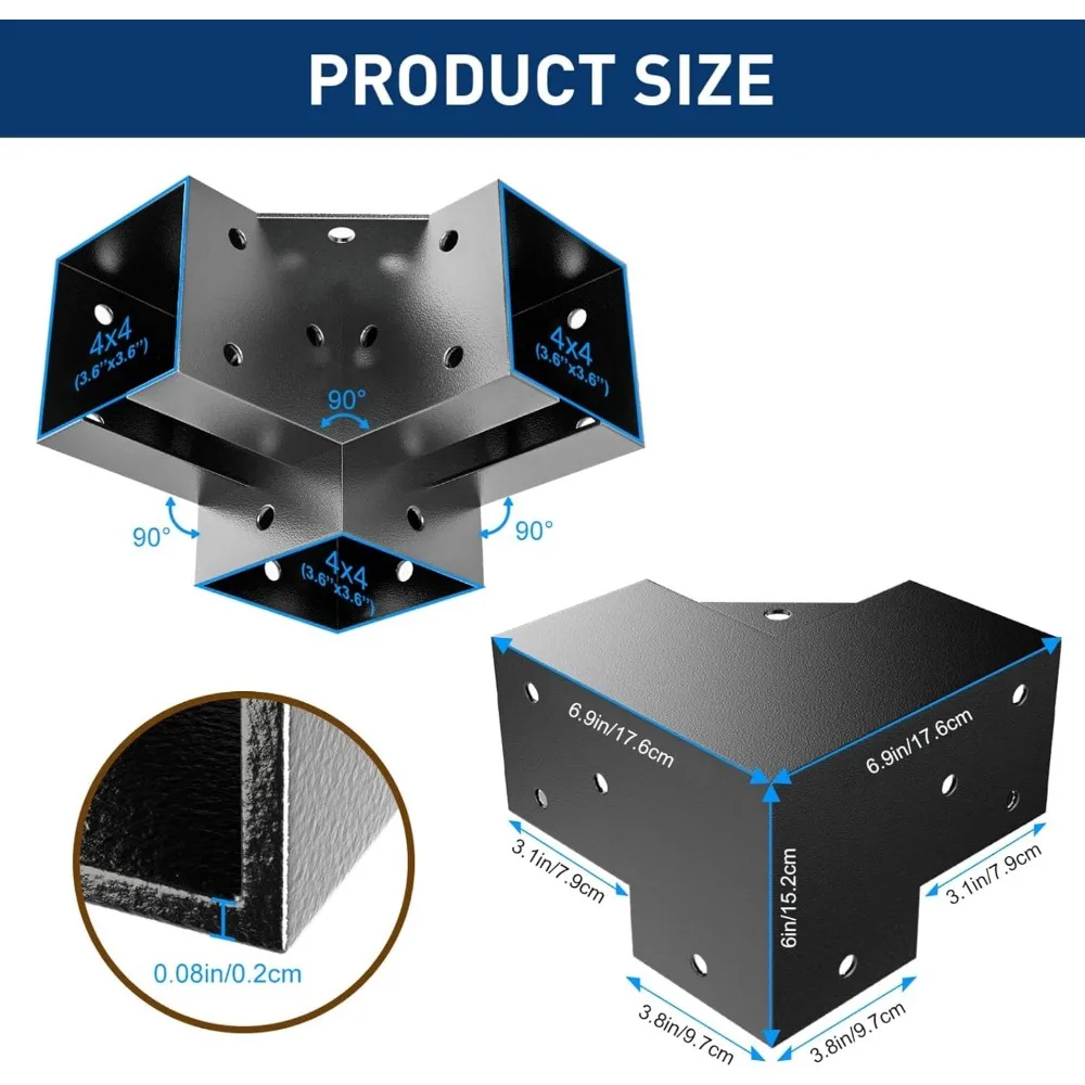 دعامات زوايا ثلاثية الاتجاهات 4 × 4 شديدة التحمل للبرجولات، تدعم الزاوية اليمنى سهلة التركيب للمراقبة الخارجية والعريشة الفناء #3
