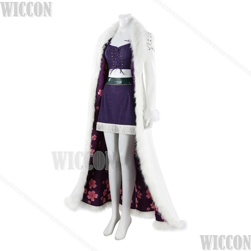 Nico Anime Movie Robin cosplay Costume Sexy Purple Dress Long White Cloak Coat Hat Black Wig Short Hair Hallowen Party Woman Cos - view 3