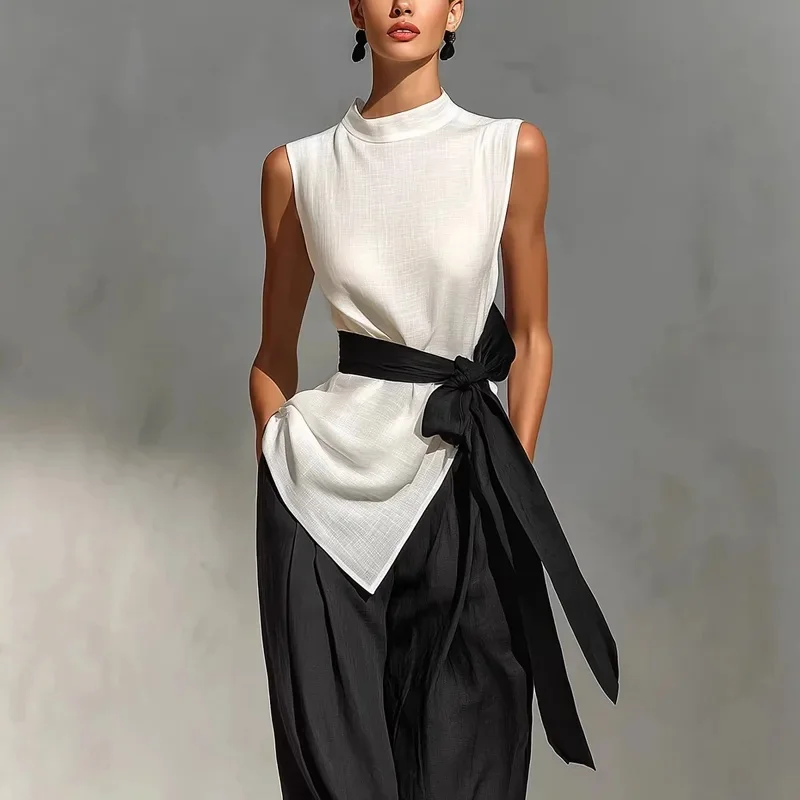 Elegant O-neck Sleeveless Top & Long Pants Suits Women Fashion Lace-Up Waist Solid 2Pcs Outfits Sexy Irregular Loose Summer Sets