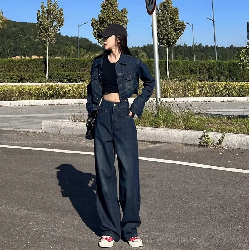 American Style Denim Jacket Spring and Autumn New High-grade Wide-leg Pants Two-piece Suit Women  2 Piece Sets Womens Outfits