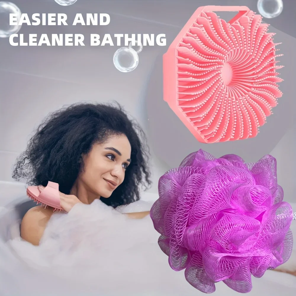 2PCS Silicone Body Scrub & Mesh Bag Set, Antibacterial Exfoliating Bath Brush, Sensitive Skin, Light Beige