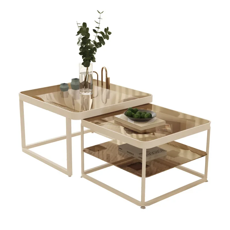 French cream wind luminous glass coffee table light luxury modern child and mother small square combination living room small