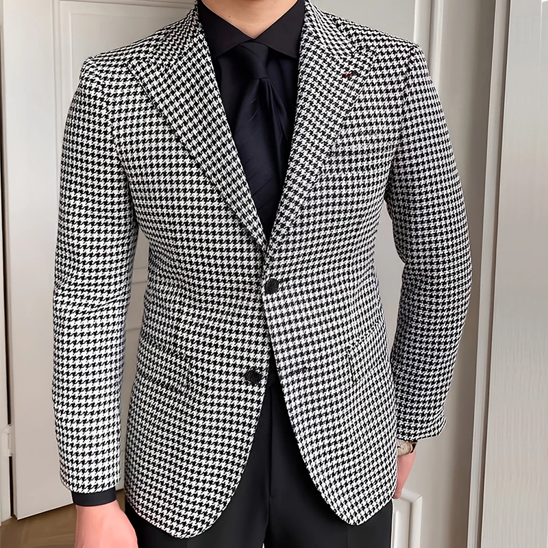 Jas Blazer Pria Retro Kotak-kotak, Jas Blazer Kasual Modis, Jas Blazer Motif Seribu Burung, Blazer Kasual Outdoor