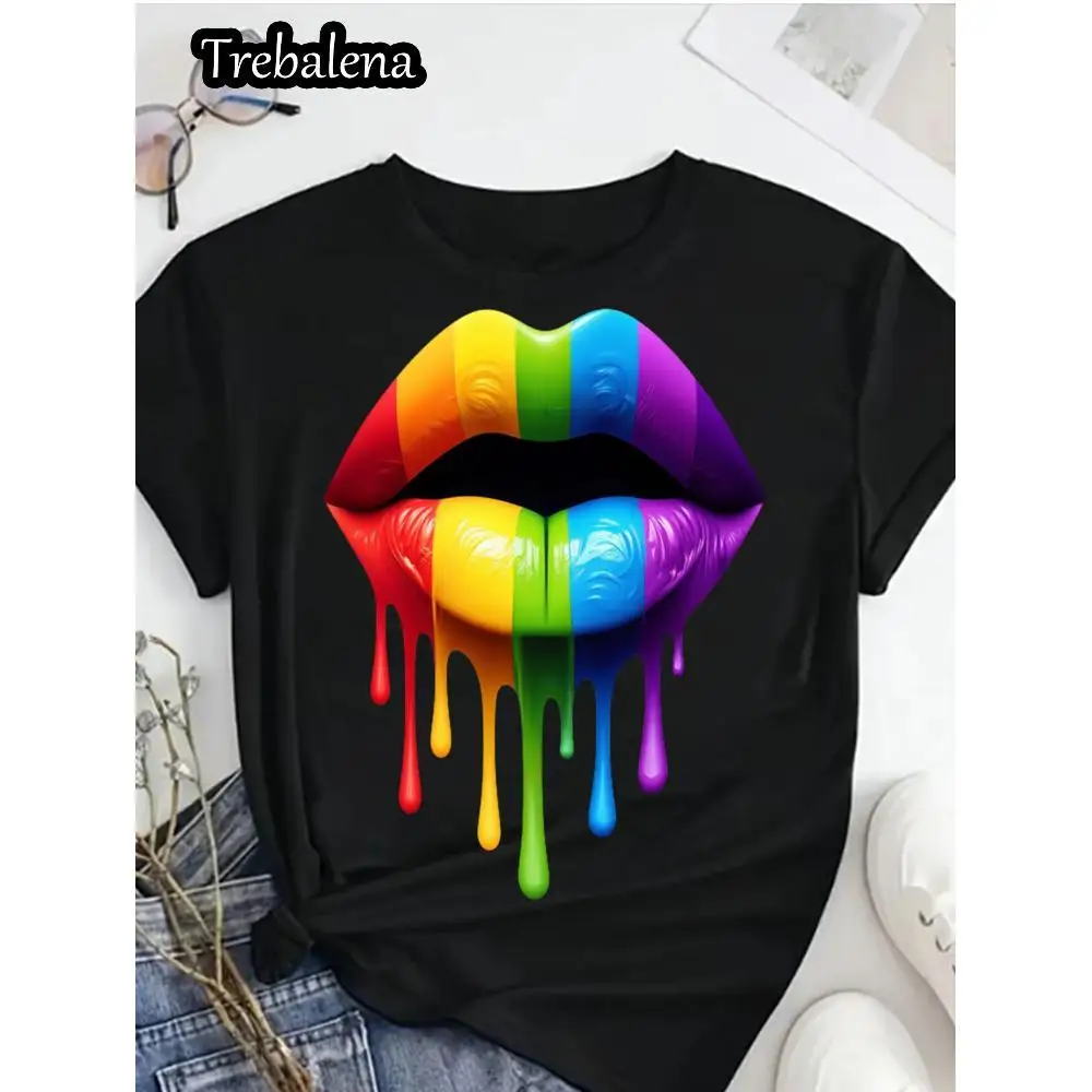 

Plus Size Round Neck T-shirt 100% Cotton Rainbow Lips Dripping Graphic Tee Bold Colorful Lips Design Black Casual T-Shirt Summer