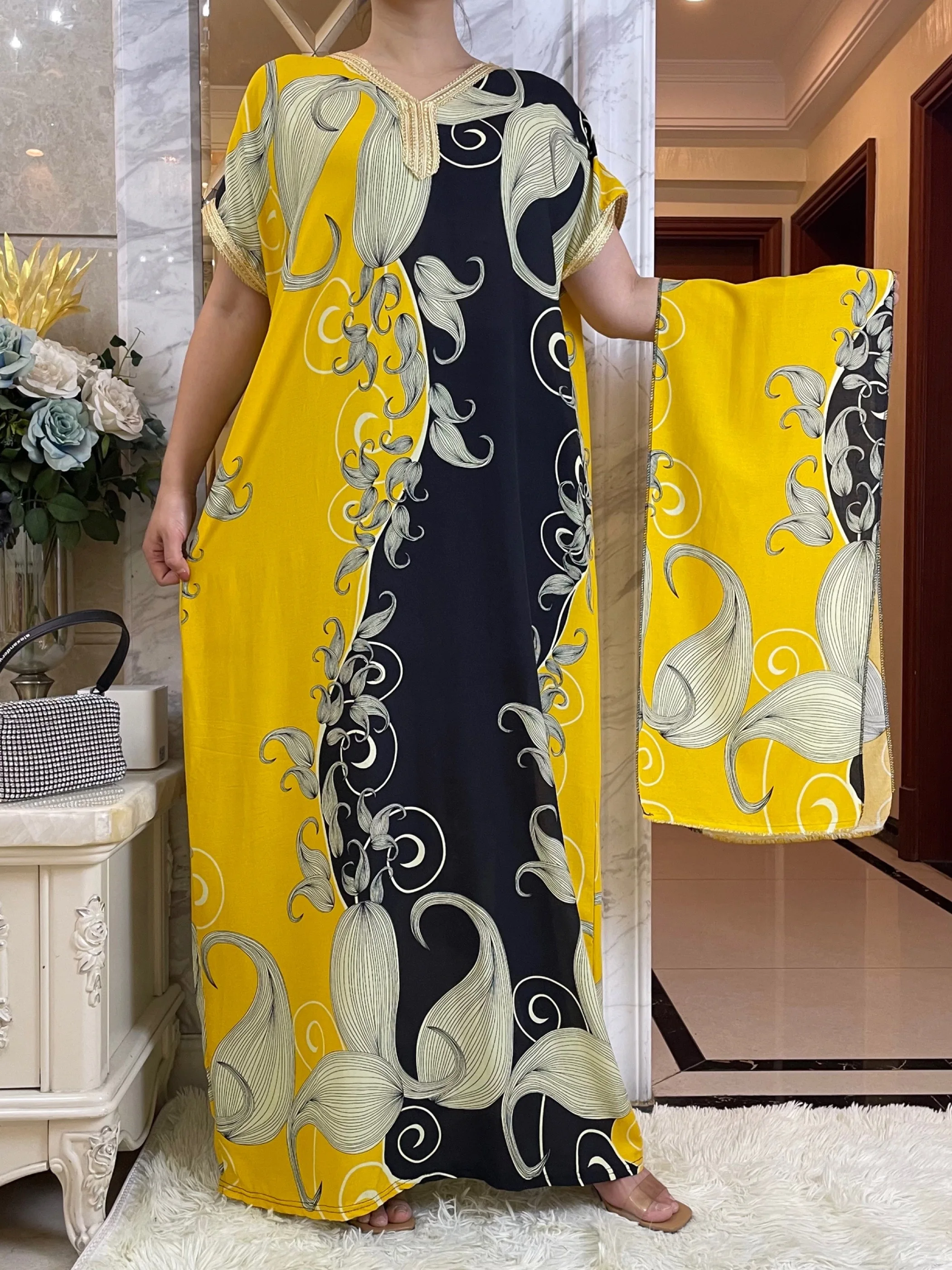 2023 Summer Dress New Style Long Sleeve African Dashiki Floral Printing Cotton Abaya Caftan Elegant Lady Dubai Maxi Casual