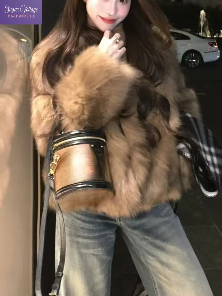 

Casual Vintage Elegant Amber Brown Faux Fur Coat Women Winter Thick Warm Fox Plush Jacket Loose Luxury Chic Fashion Outerwear