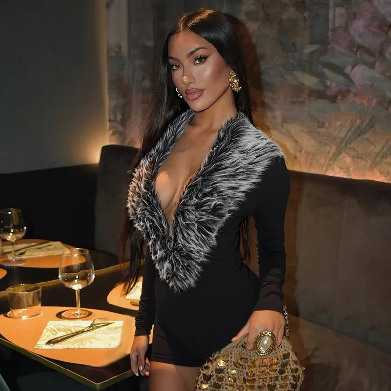 Spring Deep V-Neck Faux Fur Collar Long Sleeve Bodysuit Women's Sexy Clubwear