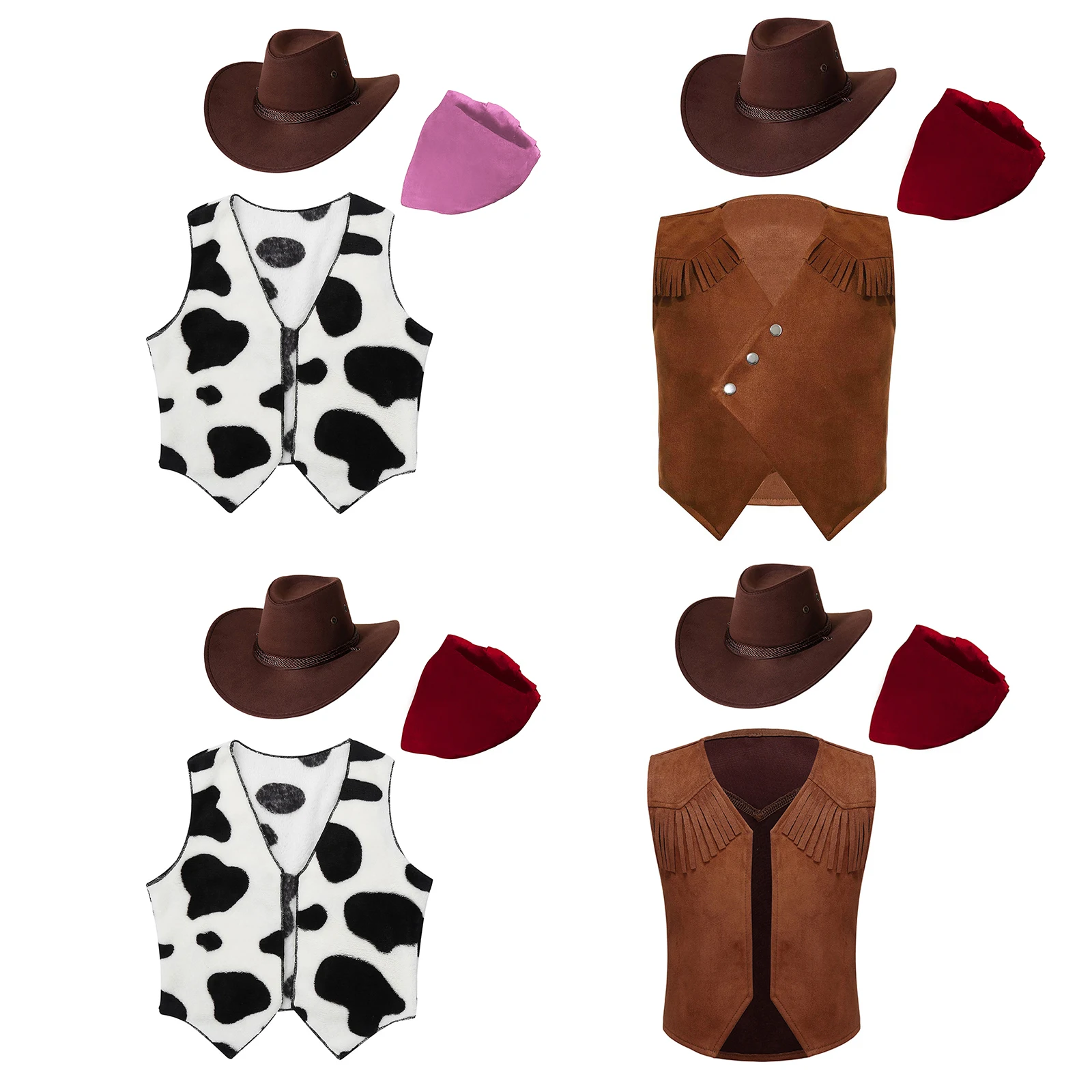 

Kids Teens Western Cowboy Costume Accessories Cowboy Hat Open Front Vest And Print Bandanna 3-piece Suit for Halloween Cosplay