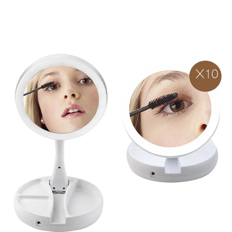 Espejo Led plegable con carga USB o batería, espejo de tocador blanco para maquillaje, cosmético con luz, espejos de mesa con aumento de 10X