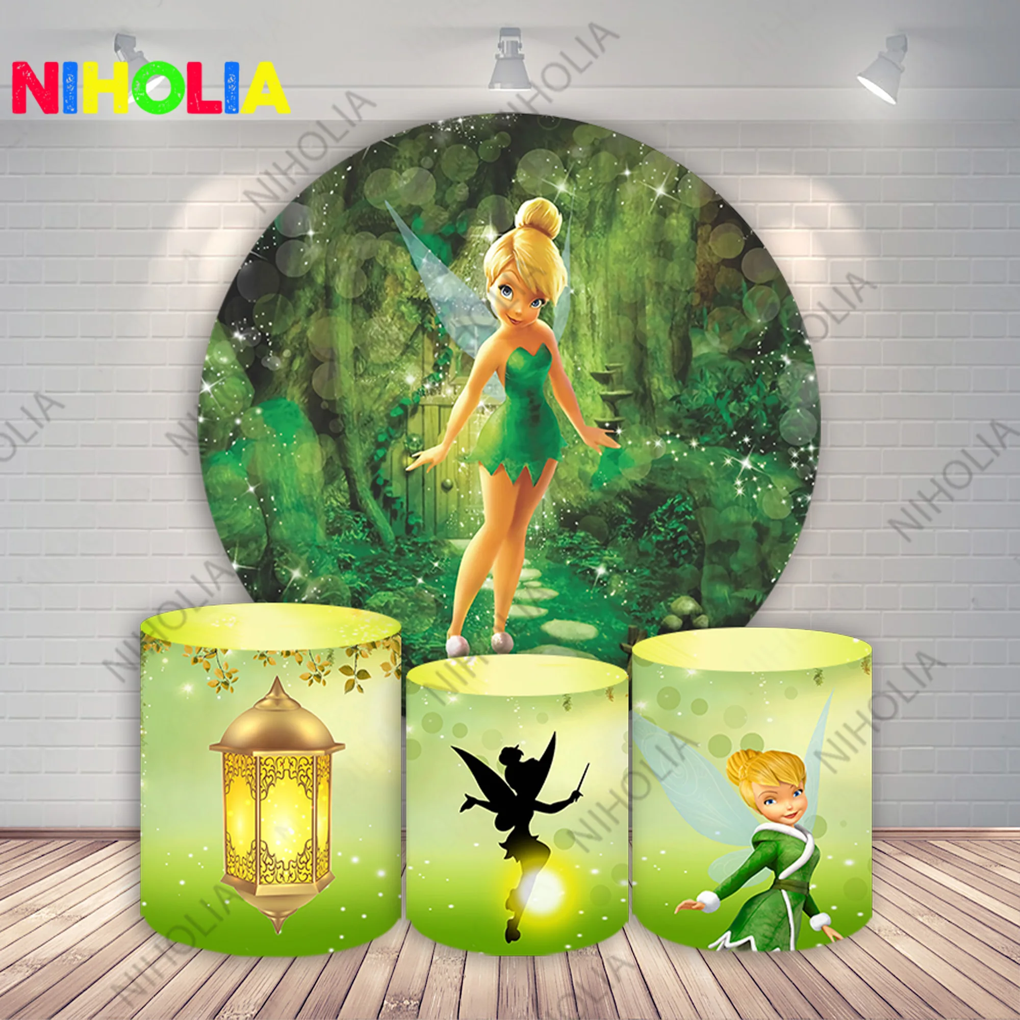 Disney Thiker Bell Round and Cylinder Covers Kids Baby Shower Photo Backdrop Birthday Party Decoration Background For Cake Table