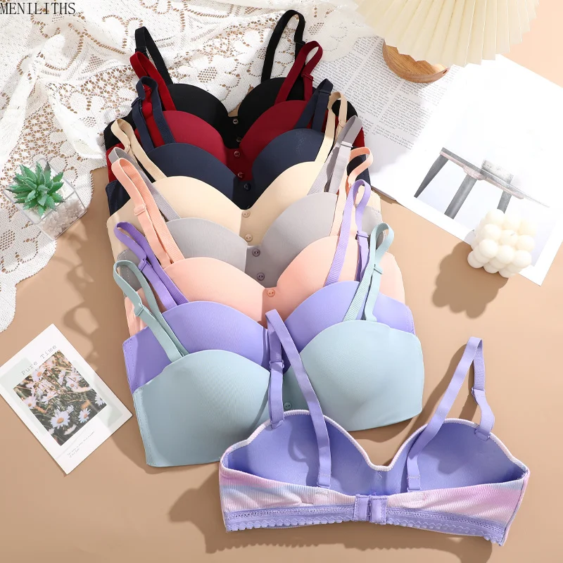 4Pcs/Set Women Half Cup Wireless Brassiere Solid Color Two Buttons Decoration Female Detachable Strap Underwear Breathable Bras