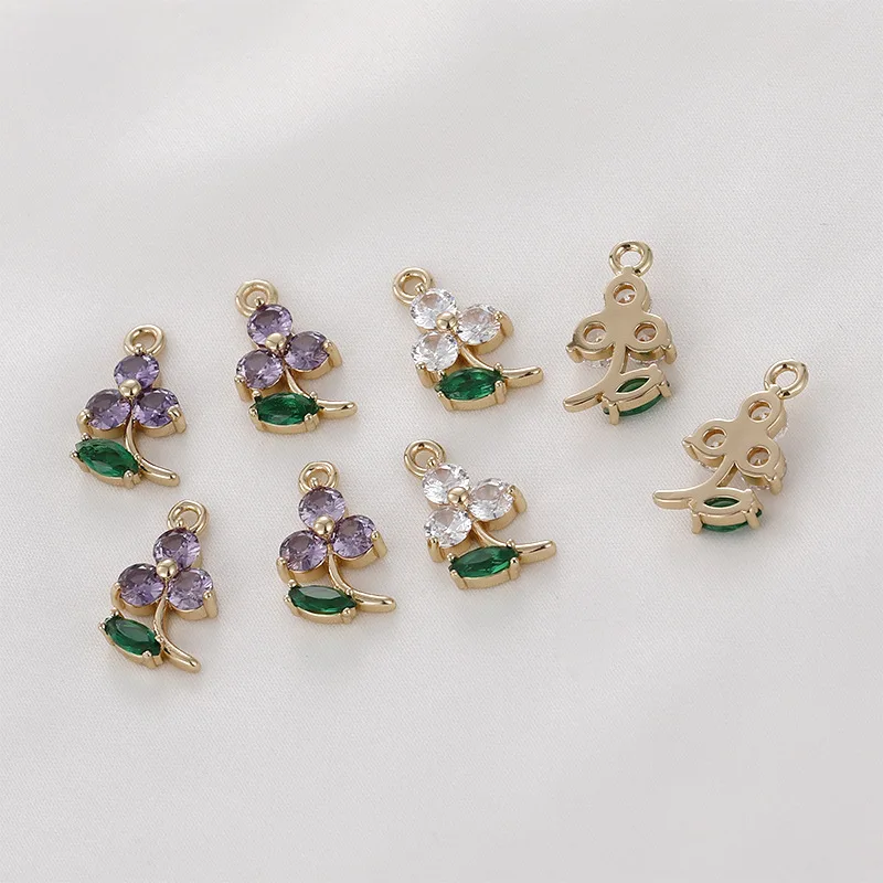 Copper Color Small Flower Green Leaf Zircon Crystal Pendant DIY Bracelet Necklace Ear Jewelry Pendant Accessories Material
