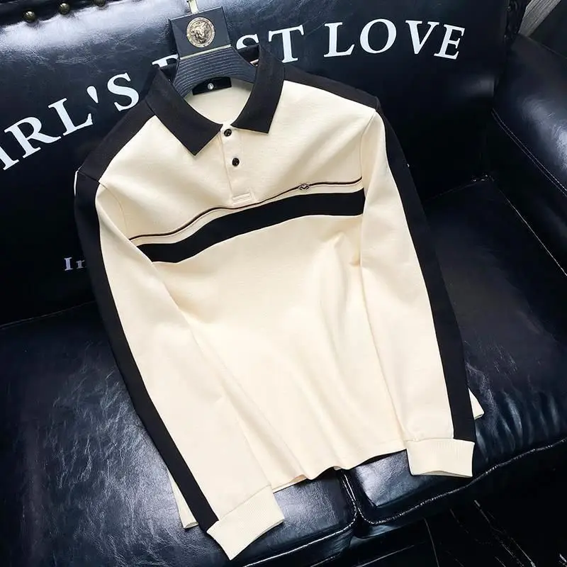 2023 New Spring and Autumn Commuter Simple Polo Collar Panel Button Contrast Color Casual Loose Oversize Long Sleeve T-shirt