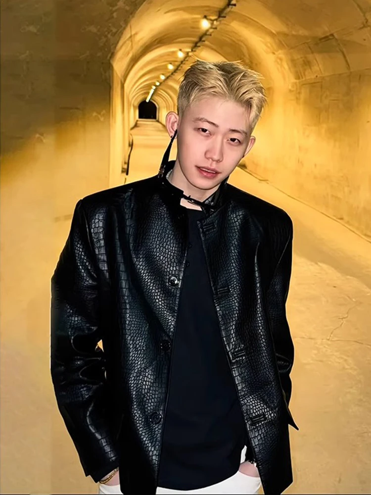 

New Chinese Sle Stand Collar Men's Jaet Spring Autumn High Faion Crocodile Pattern PU Leather Jaet Stand Fit