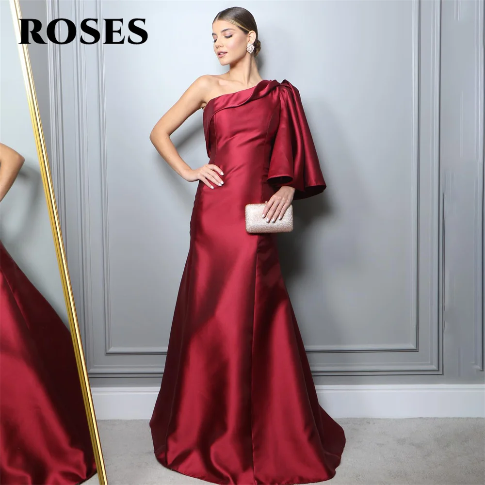 

ROSES Burgundy One Shoulder Evening Dress Three Quarter Sleeves Charming Prom Dress Ruched Stain Party Dresses vestidos de noche