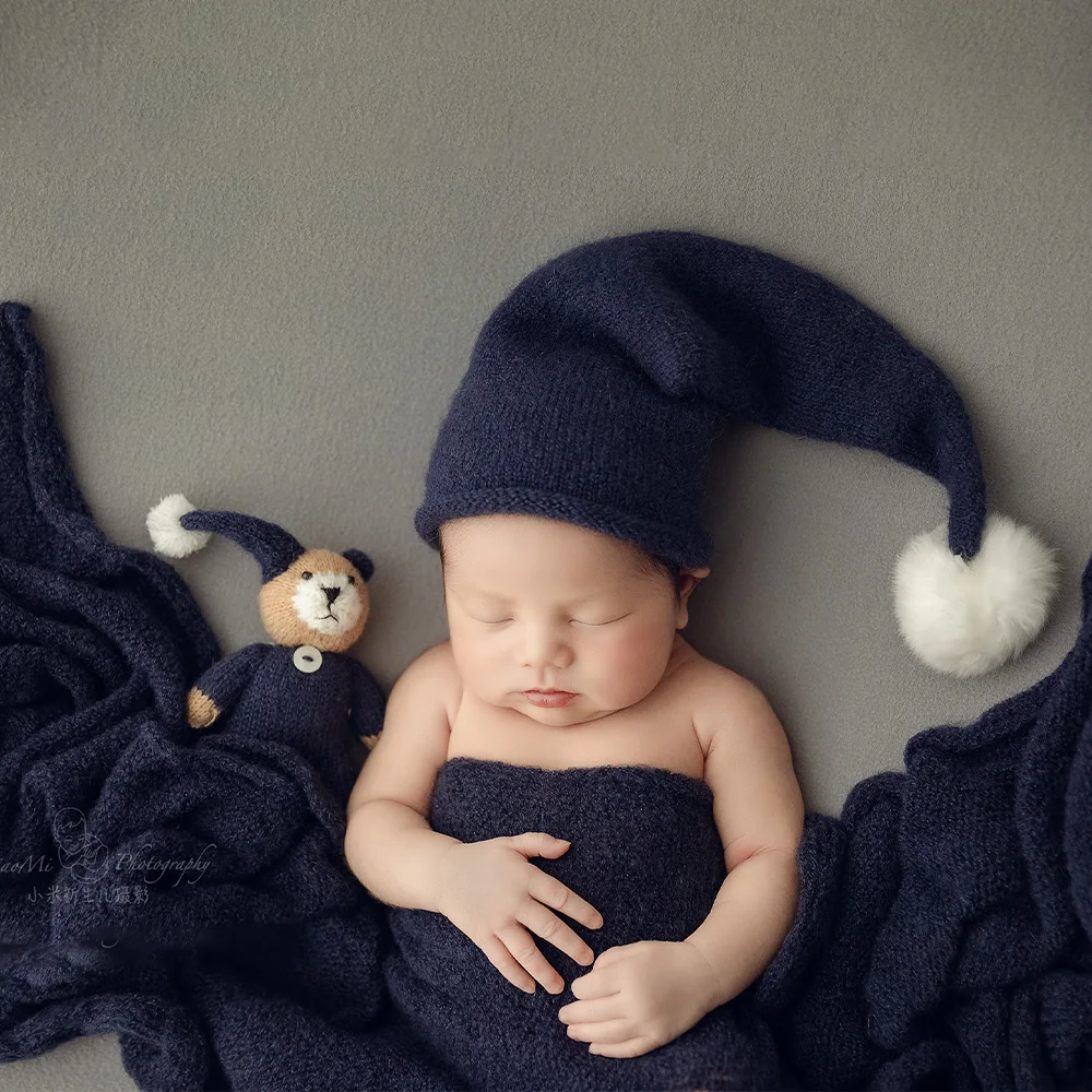 Реквизит для фотосъемки новорожденных, эластичная шерстяная упаковка | Вязаная шапка Goodnight + набор кукол, простой студийный реквизит для фотосессии