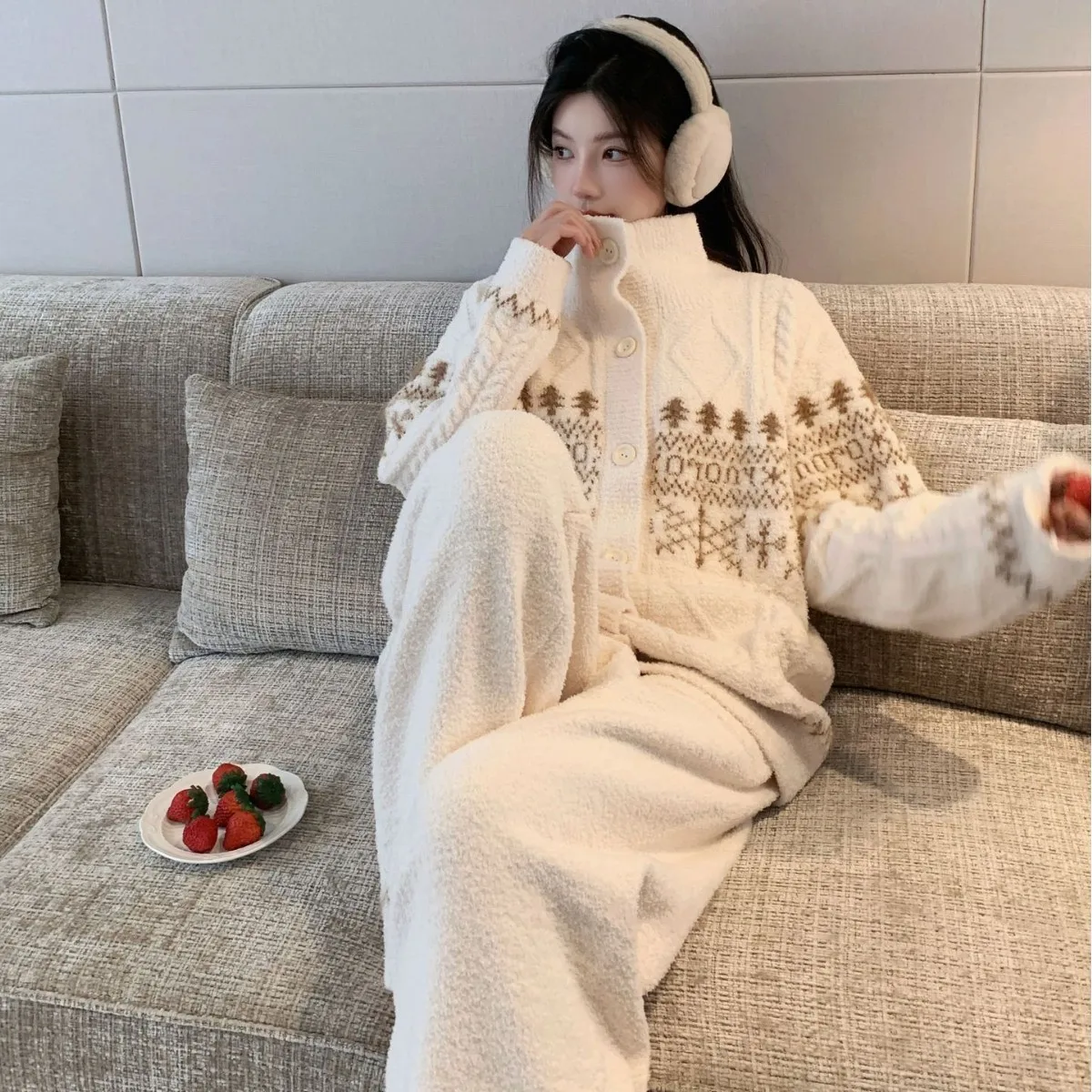 2pcs Set Jacquard Flip Collar Half Fleece Home Clothes Women Autumn/Winter Thick Outer Loose Long Sleeve Cardigan Long Pants