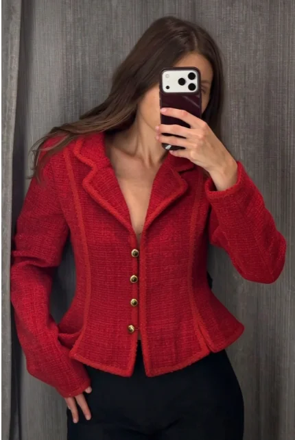New Arrival Women Textured Tweed Jacket V-neck Gold Button Slim Waist Flared Hem Long Sleeve Cropped Blazer Casual Outer Coat